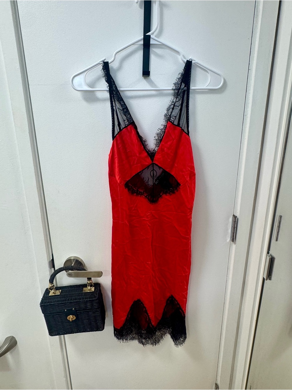 Zara Red Slip Dress with Black Lace Trim